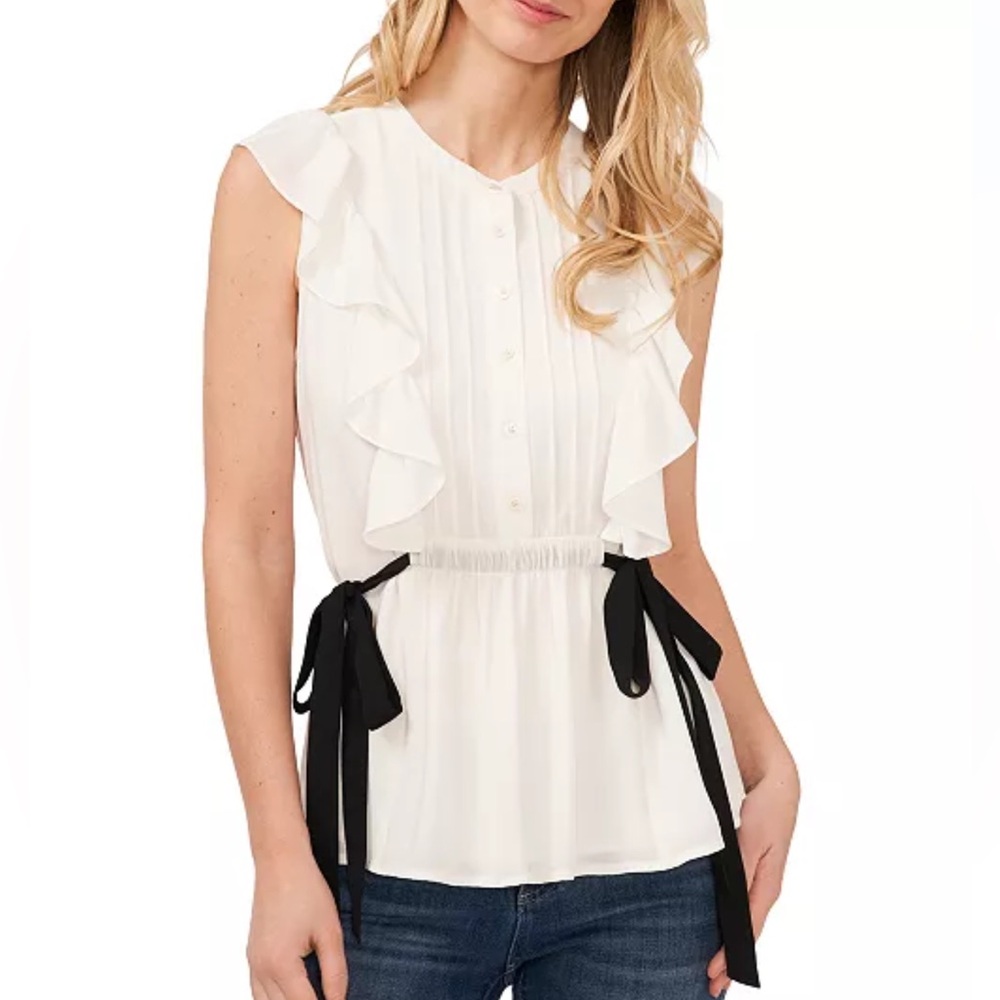 CeCe Women's Flutter Sleeve Tie Waist Pintuck Blouse Ivory Size XL